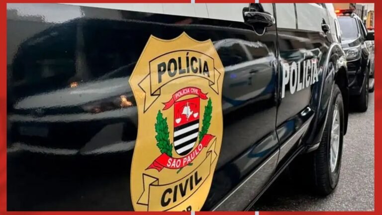 Side of a black Polícia Civil car with the São Paulo badge displayed on the door