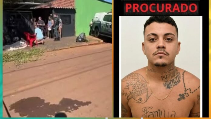 Split image: left shows a street scene with people near a building, a person on the ground and a police vehicle; right is a mugshot of a tattooed man with 'PROCURADO' above.