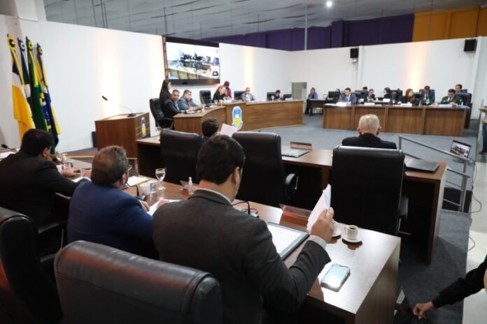 Official meeting in a modern conference room with delegates around a large curved desk and flags on the left; a video screen shows participants above the dais.
