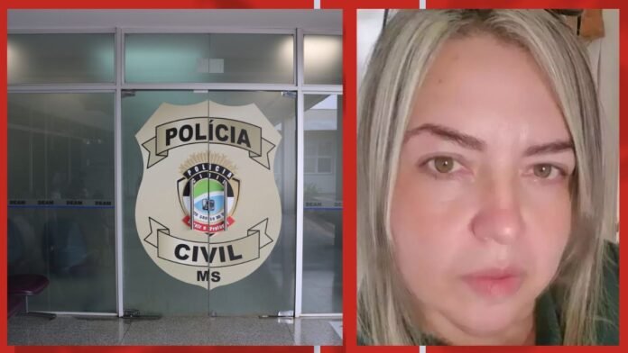 Two-panel collage: a Polícia Civil emblem on glass doors on the left, and a close-up portrait of a woman with blonde hair on the right
