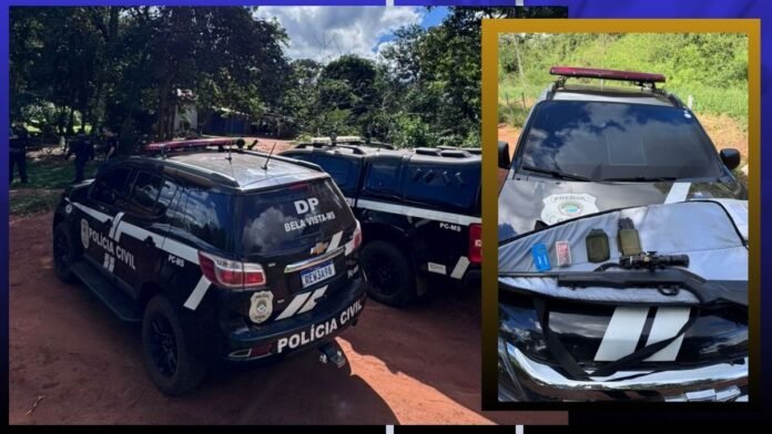 Two Polícia Civil SUVs parked on a dirt area, front car labeled DP Bela Vista-MS with gear on its hood in an inset scene.