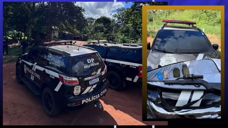 Two Polícia Civil SUVs parked on a dirt area, front car labeled DP Bela Vista-MS with gear on its hood in an inset scene.