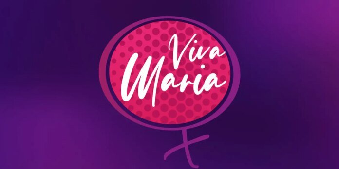 Brand logo featuring a pink circular badge with white cursive 'Viva Maria' on a purple gradient background.