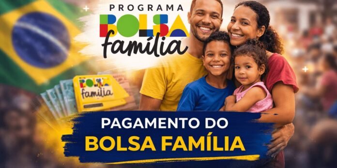 Family portrait with a banner that reads 'Pagamento do Bolsa Família' promoting the Bolsa Família program.