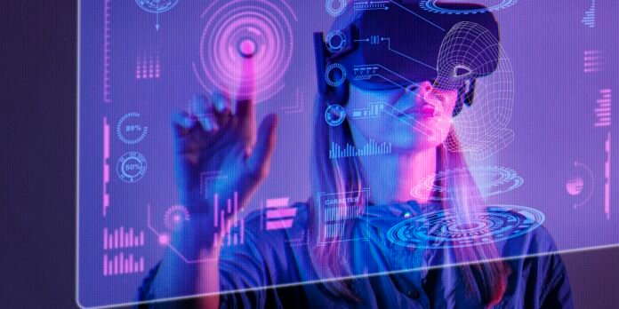 Person wearing a VR headset interacting with holographic data rings and charts in a futuristic UI.