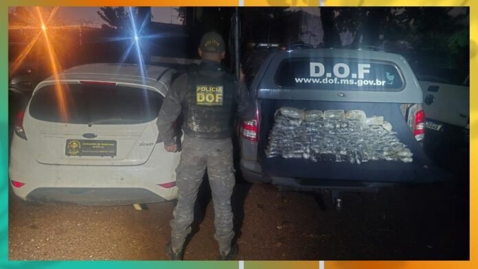 Polícia DOF officer stands between a white car and a pickup with bundled packages in the tailgate at night.