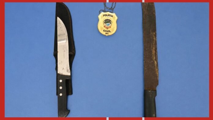 Evidence photograph showing a folding knife with sheath on the left and a rusty machete on the right on a blue surface, with a police badge above.