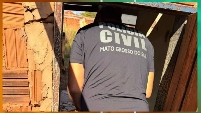 Back view of a Civil Police officer wearing a gray shirt that says POLICIA CIVIL MATO GROSSO DO SUL, entering a doorway between brick walls.