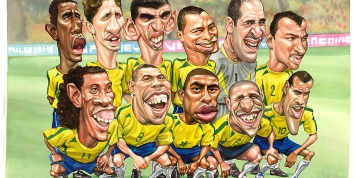 Cartoon caricature of a Brazilian soccer team in yellow jerseys posing together on a green field.