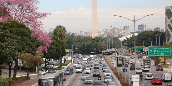 Multi-lane city highway crowded with cars and buses, a pink flowering tree on the left, and a tall monument in the distance.