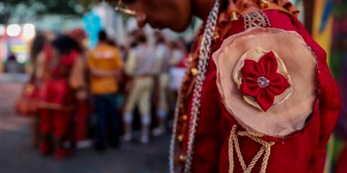 Close-up of a performer in a red outfit with a beige circular hat adorned with a red flower, at a crowded outdoor festival.