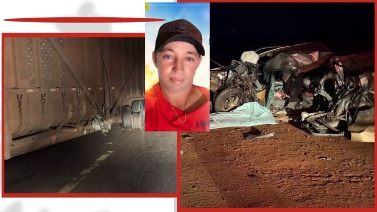 Collage of a nighttime crash: a crushed car on a dirt road to the right, a large trailer on the left, and a man in a red shirt and cap in the center.