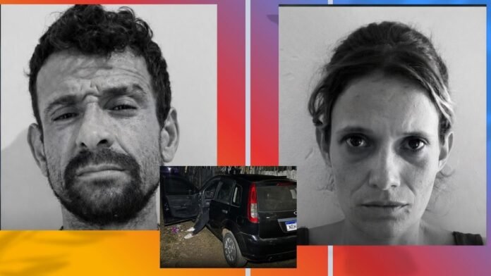 Two grayscale headshots (man left, woman right) against a colorful gradient backdrop, with a small photo of a black car with open doors centered over them.
