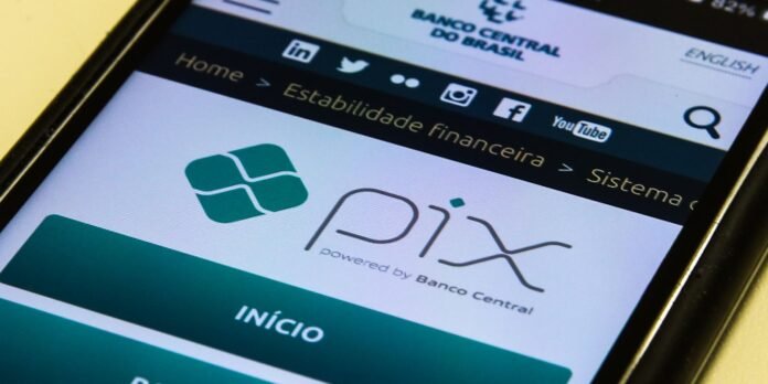 Smartphone screen showing the PIX logo and 'INÍCIO' button, powered by Banco Central do Brasil.