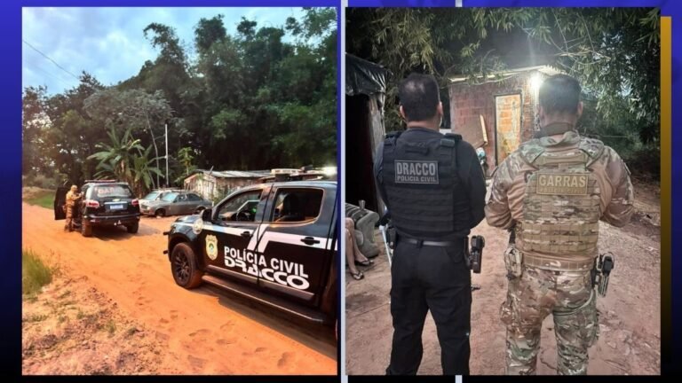 Two panels: left shows Polícia Civil cars on a dusty rural road; right shows two officers in tactical gear near a small building at dusk.