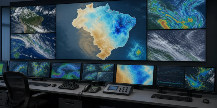 Control room with multiple monitors displaying weather maps; central large color-coded map of Brazil and surrounding satellite images in blue and tan hues.