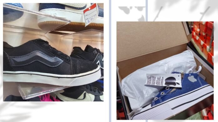 Diptych: left image shows black low-top sneakers with a silver wavy stripe on display; right image shows a blue canvas high-top sneaker in a shoe box, wrapped in tissue with a tag.