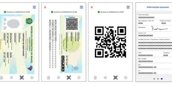 Four mobile screens showing: Brazilian identity cards, a large QR code, and a personal information form in a digital app.