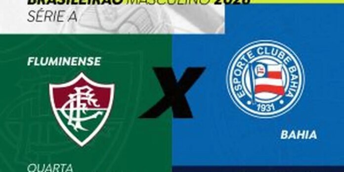 Split banner for a Brasileirão Série A match: left side shows Fluminense crest on green with 'FLUMINENSE', right side shows Bahia crest on blue with 'BAHIA', separated by a large black X.