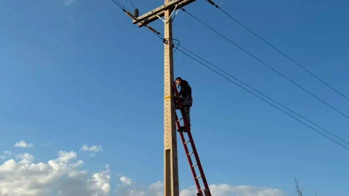 Worker on a red ladder repairing overhead power lines on a wooden utility pole against a blue sky.
