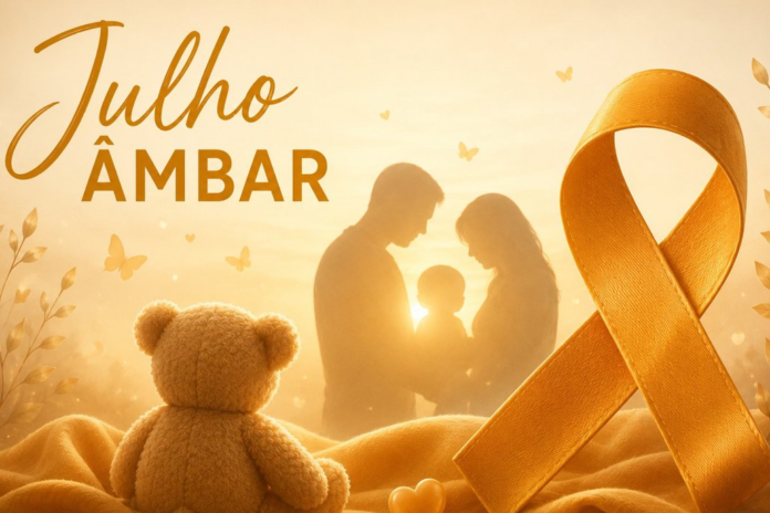 Golden awareness ribbon with a teddy bear in the foreground and a backlit family silhouette at sunset in the background, conveying warmth and support.