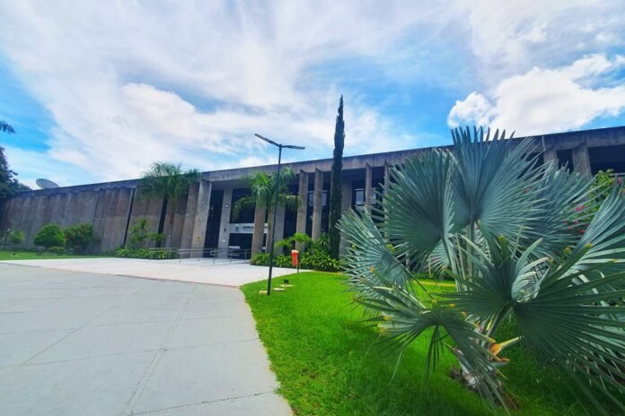 Concrete institutional building with tall vertical windows, surrounded by green lawn and palm plants under a blue sky with clouds.