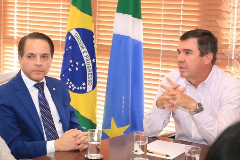 Two men sit at a conference table with Brazil and Somalia flags behind them and glasses of water on the table, in a formal meeting setting.