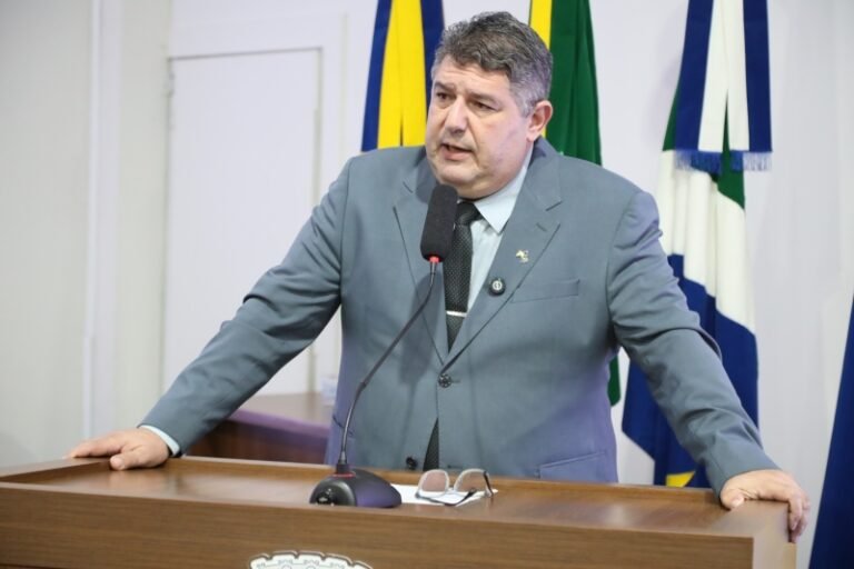 Man in a gray suit giving a speech at a podium with a microphone and flags in the background