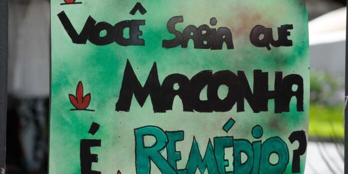 Green protest sign with bold black text 'Você sabia que Maconha é Remédio?' and a small red leaf icon; asks if marijuana is medicine.
