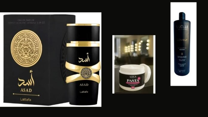 Black and gold ASAD Lattafa perfume box and bottle alongside a white jar of Loca Pasta Modeladora and a tall blue Lovely shampoo bottle on a dark background.