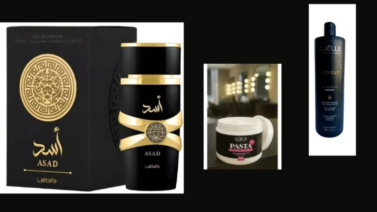 Black and gold ASAD Lattafa perfume box and bottle alongside a white jar of Loca Pasta Modeladora and a tall blue Lovely shampoo bottle on a dark background.