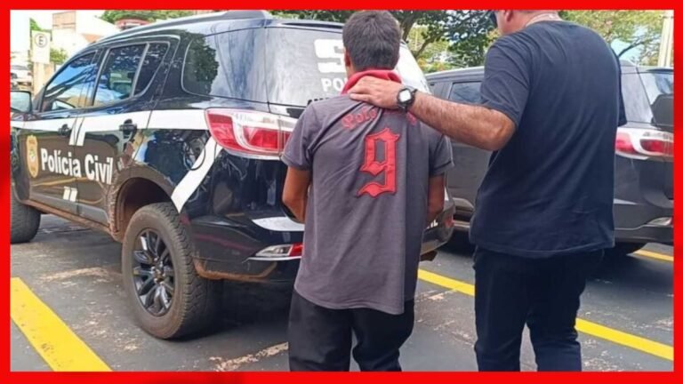 A man with his hand on a boy's shoulder stands next to a black Polícia Civil SUV in a parking lot, suggesting guidance or support.