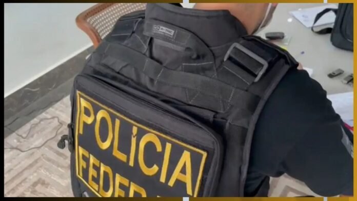 Close-up of a police officer wearing a black tactical vest with a yellow 'POLICÍA FEDERAL' patch on the back.