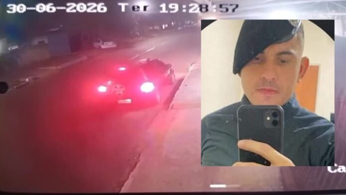 Nighttime surveillance frame: a car with bright taillights parked by a curb; an inset shows a man wearing a beret taking a selfie with a smartphone.