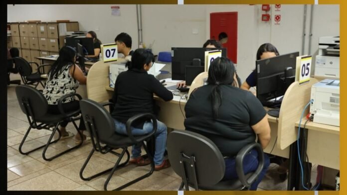 People seated at row of computer desks in a public service office, with signs marked 07 and 05 on the desks