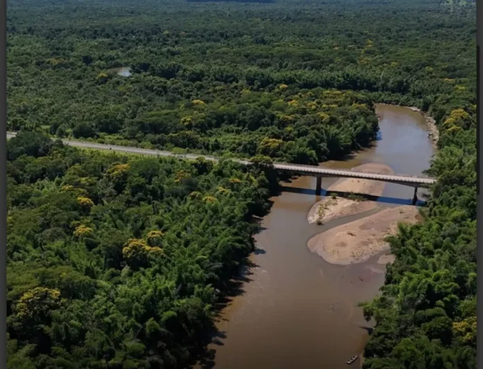 Aerial view of a bridge crossing a wide, winding river through dense green forest.