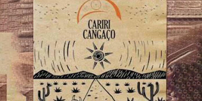 Poster-style illustration with a sun, mountains and desert cacti, featuring the title 'Cariri Cangaço' at the top.