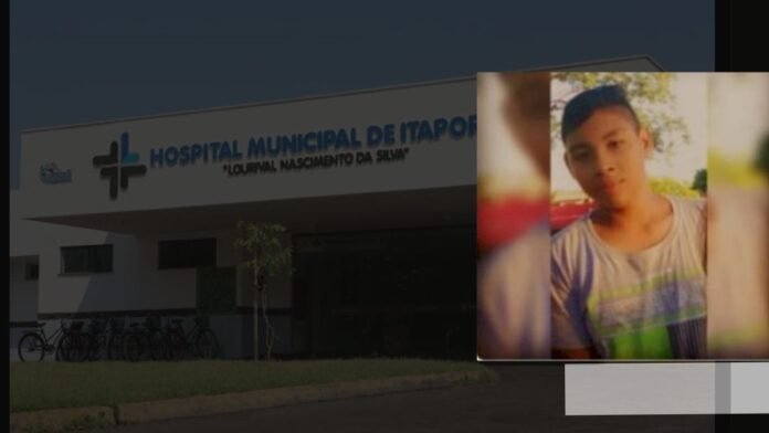 Collage of a municipal hospital exterior with a portrait of a young man overlapping on the right side.
