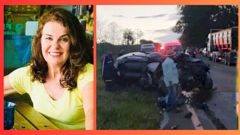 Split image: left shows a smiling woman at a table; right shows a highway crash with responders and emergency vehicles.