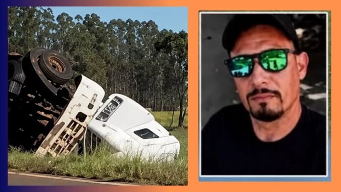 Two-panel image: overturned white truck cab on the roadside with grass and trees behind it; right panel shows a man with dark hair, goatee, and green-reflective sunglasses in a framed photo.