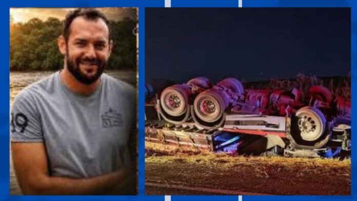 Two-panel image: left panel shows a smiling man with a beard in a light gray t-shirt; right panel shows an overturned truck with purple wheels on a nighttime highway.