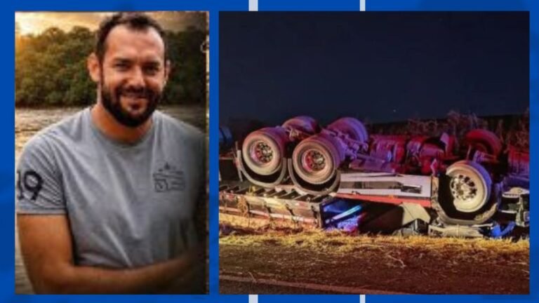 Two-panel image: left panel shows a smiling man with a beard in a light gray t-shirt; right panel shows an overturned truck with purple wheels on a nighttime highway.