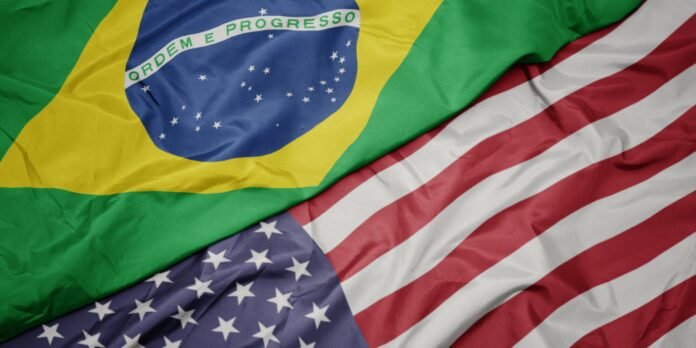 Brazil and United States flags layered diagonally, symbolizing bilateral relations.