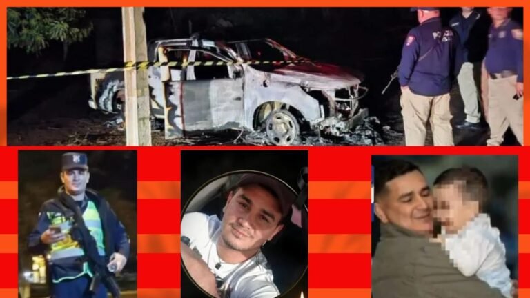 Night-time crash scene with a burned-out car behind police tape; three portrait photos of men below.