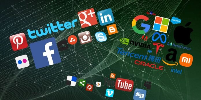 Collage of social media logos (Facebook, Twitter, YouTube, LinkedIn, Google, Pinterest) connected by network lines against a dark green background.