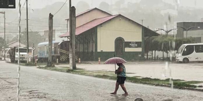 Pedestrian with a pink umbrella walks through a flooded street during heavy rain near a row of buildings and parked cars.