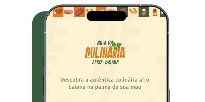 Smartphone screen showing a beige background with the logo 'Guia da Culinária Afro-Baiana' and the message 'Descubra a autêntica culinária afro-baiana na palma da sua mão'.