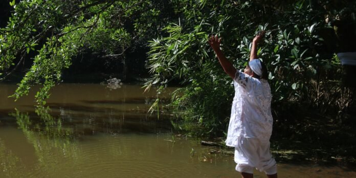 Person in white traditional clothing stands in shallow, muddy water by a leafy riverbank, arms raised toward the canopy.