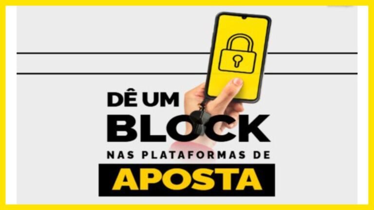 Campanha para bloquear plataformas de aposta: mão segurando celular amarelo com cadeado e texto DÊ UM BLOCK NAS PLATAFORMAS DE APOSTA.