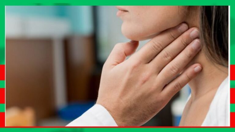 Close-up of a clinician's hands gently examining a patient's neck, indicating a throat check or medical assessment